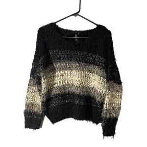 Renee C. Black White Striped Eyelash Knit Cozy Long Sleeve Sweater Women’s Small